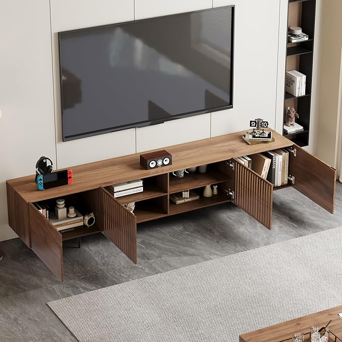 Modern Walnut TV Console for 70 Inch Screen – Long 70.87” Media Unit with Grille Doors and Drawers, Great for Living Rooms & Bedrooms