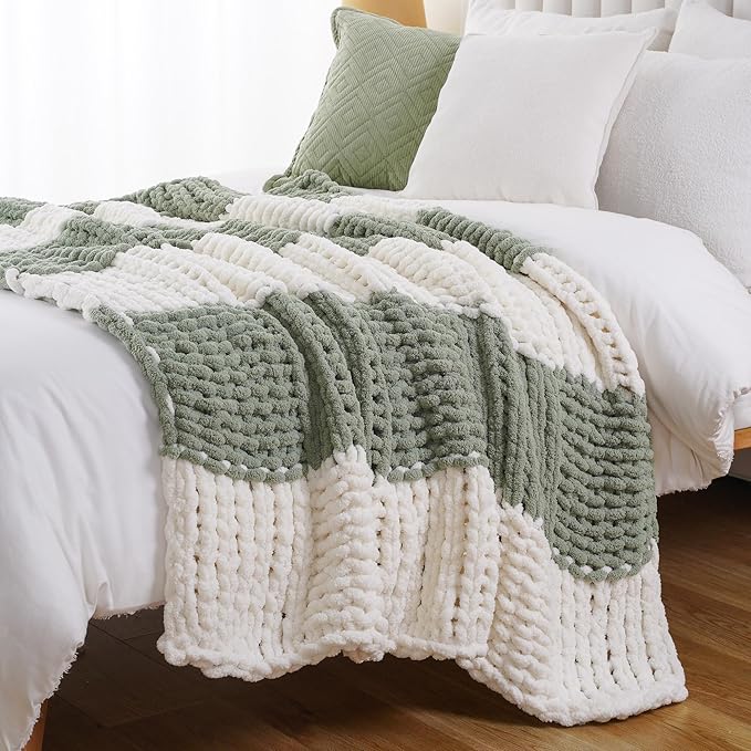 Battilo Chunky Knit Throw Blanket, Soft and Thick Chenille Throw Blanket, 50"x60" Handmade Cable Knit Crochet Blanket, Large Rope Knot Throw Blankets for Couch Sofa Bed Home Decor, Sage & White