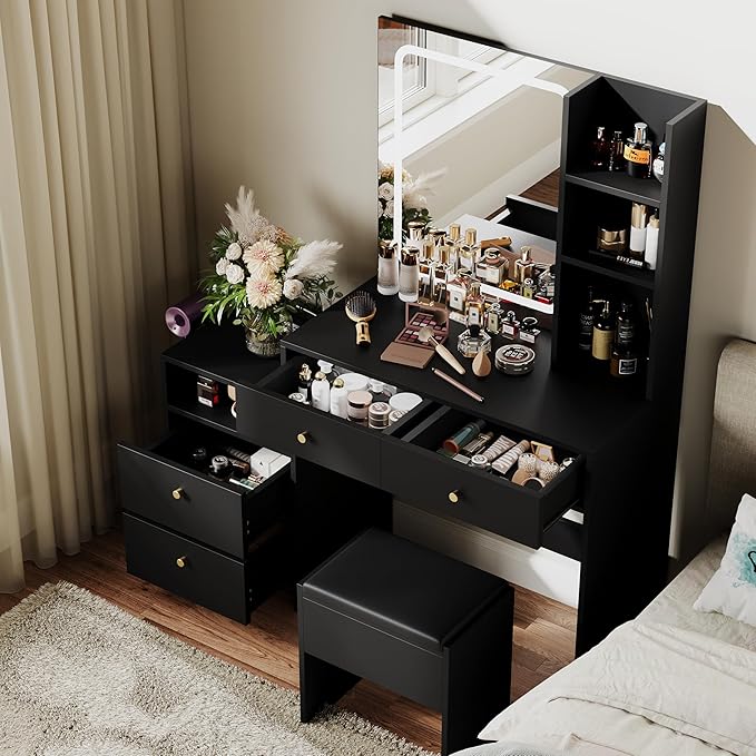 HAOBO Home Makeup Vanity Desk with Charging Station, Makeup Dressing Table with Mirror and Lights for Bedroom, Dressing Room