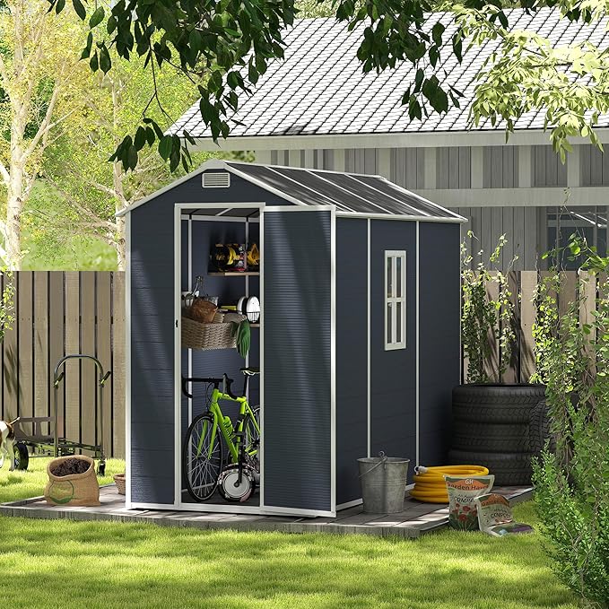 8x4 FT Outdoor Storage Resin Shed with Floor,Waterproof Plastic Garden Bike Shed with Lockable Door, Sloped Roof, Vents & Windows, Easy Assembly Tool Shed for Lawn, Backyard, Patio, Black