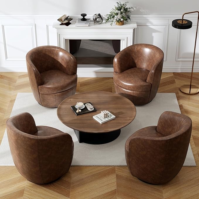 Swivel Barrel Chair, Modern Round PU Leather Accent Armchair for Living Room, Bedroom, Comfy Club Reading Chairs for Adults (Leather Coffee, Set of 1)