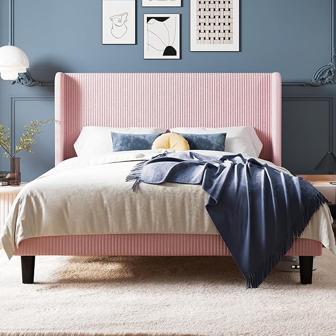 Allewie Queen Size Bed Frame with Upholstered Wingback Headboard, Vertical Channel Tufted Corduroy Velvet Platform Bed, Strong Wooden Slats Support, No Box Spring Needed, Easy Assembly, Light Pink