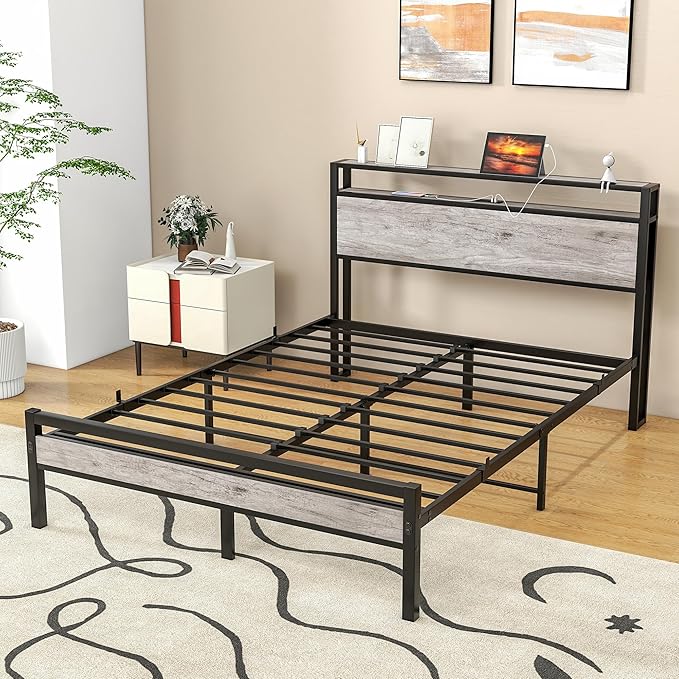 Full Size Bed Frame with Storage Headboard/USB Charging Station,Metal Platform Bed Frame Full Size No Box Spring Needed,Noise-Free,Strong Steel Slats Support,Warm Grey