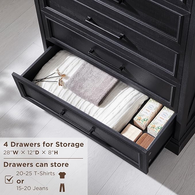 6 Drawer Dresser, Farmhouse Chest of Drawers for Bedroom, 44" Tall Dresser with Large Metal Handles, Wood Drawer Organizer for Living Room, Hallway, Closet - Black