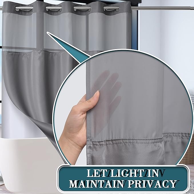 Conbo Mio No Hook Shower Curtain with Snap in Liner Set, Hotel Luxury Grey Fabric Shower Curtains for Bathroom with See Through Top Window, Washable, Waterproof 71W x 74H