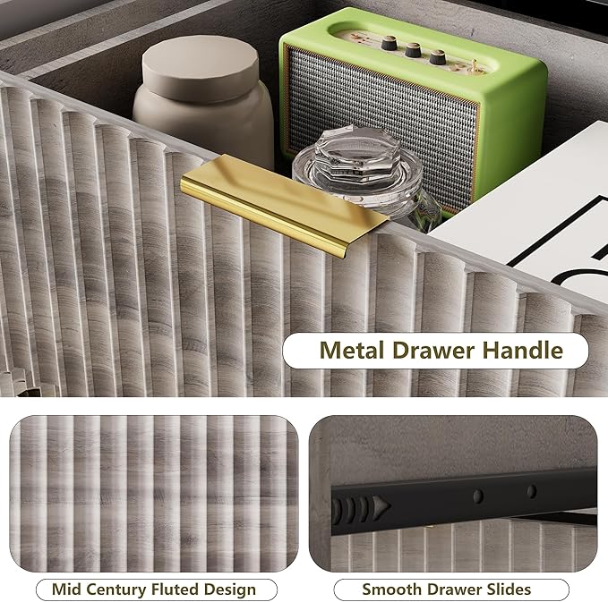 Fluted Dresser for Bedroom, 8 Drawer Dressers & Chest of Drawers, Mid Century Modern Dresser for Closet Boho Bedroom Furniture, Nature Wood Chest of Drawers Storage Organizer for Living Room,Grey