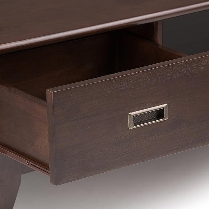 SIMPLIHOME Draper SOLID HARDWOOD 48 inch Wide Rectangle Mid Century Modern Coffee Table in Medium Auburn Brown for the Living Room and Family Room