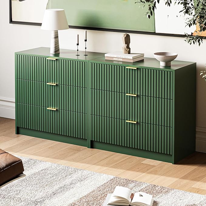 3-Piece Dresser Bedroom Set, 7 Drawer Dresser & 3 Drawer Nightstands with Gold Handles, Fluted Wood Chest of Drawers for Bedroom, Living Room, Entryway, Green