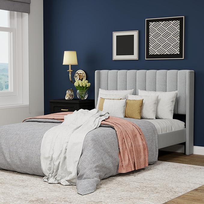 Upholstered Platform Full Size Bed Frame with Headboard Wooden Slats Support No Noise Easy Assembly Light Grey Linen
