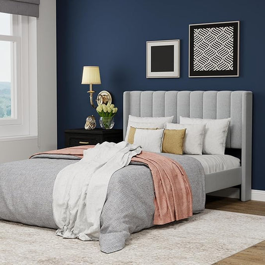 Upholstered Platform Full Size Bed Frame with Headboard Wooden Slats Support No Noise Easy Assembly Light Grey Linen