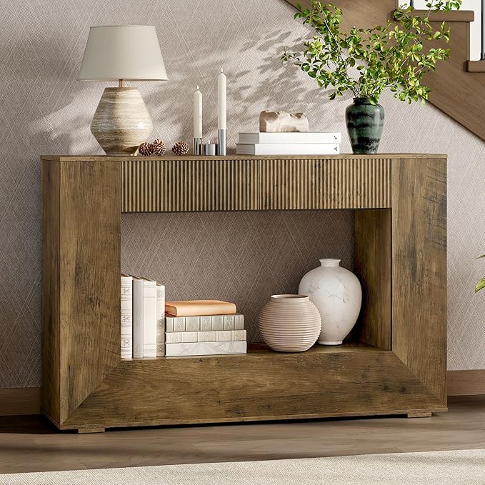 Farmhouse Console Table, 47 Inches Wooden Entryway Table with Storage, Fluted Sofa Table with 2 Handle-Less Drawers, for Entryway, Living Room, Foyer, Hallway, Dark Brown