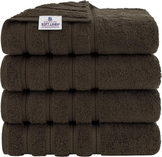 American Soft Linen Luxury 4 Piece Bath Towel Set, 600 GSM 100% Cotton Turkish Bath Towels for Bathroom, 27x54 in Extra Large Bathroom Shower Towels, Brown