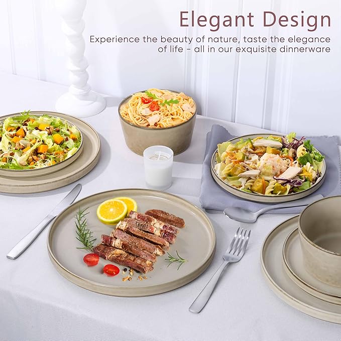 Herogo Dinnerware Sets with Pasta Bowls, 16 Piece Plates and Bowls Set for 4, Modern Stoneware Dinner Dishes for Kitchen Dinning, Dishwasher & Microwave Safe, Cream Khaki