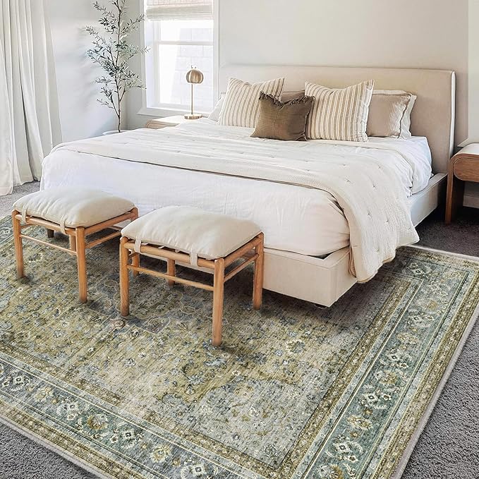 Washable Area Rug 8'x10' Boho Design Non-Shedding Non-Slip Easy Care Ideal for High Traffic Areas in Living Room Bedroom Office Coffee Table Kitchen Large Carpet