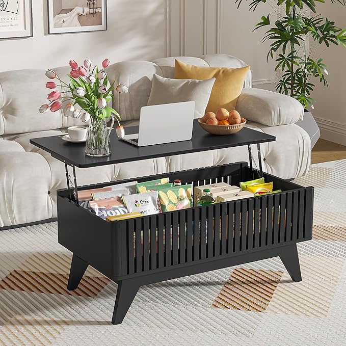 Lift Top Coffee Table with Hidden Compartment, Mid Century Modern Coffee Table for Living Room, Fluted Design Farmhouse Center Table with Storage (Black, 35.4''W)