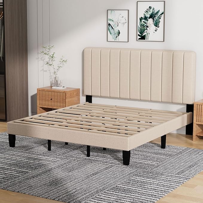 King Size Bed Frame with Headboard,Fabric Upholstered Platform Bed Frame with Wooden Slats Support,No Box Spring Needed/Non-Slip Without Noise/Easy Assembly, Beige