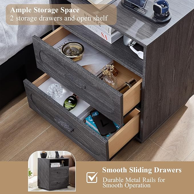 Grey Nightstand Set of 2 with Charging Station, End Table with 2 Drawers Storage, Space-Saving Wood Storage Cabinet with Unique Base Design, Bedside Table for Bedroom, Living Room
