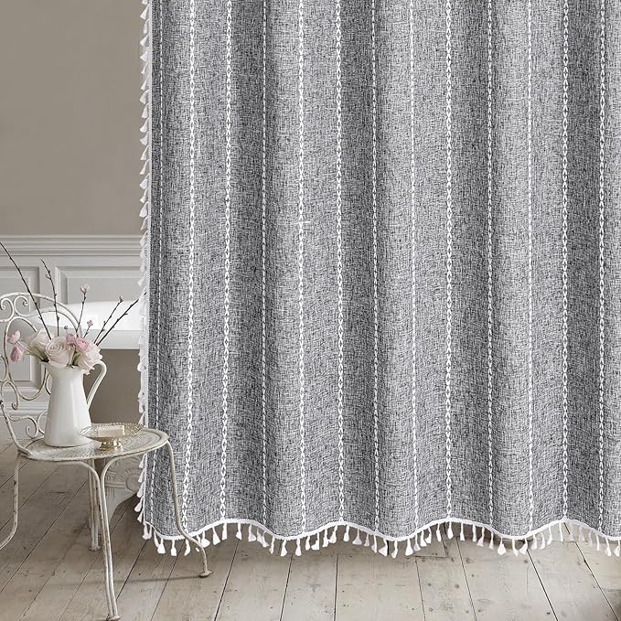 MitoVilla Dark Grey Boho Shower Curtains for Modern Farmhouse Bathroom Decor, Country Thick Polyester Linen Fabric Shower Curtain, Rustic Tassel Cloth Shower Curtain, 72 x 72, Charcoal Grey