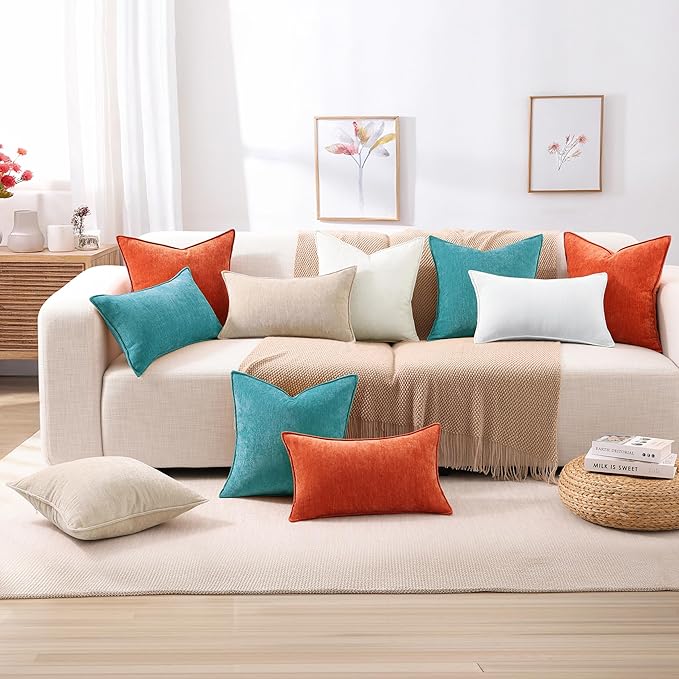 decorUhome Couch Throw Pillow Covers 22x22 Set of 2, Decorative Soft Euro Neutral Chenille Pillow Covers with Elegant Design for Sofa Bed Living Room Home Decor, Teal