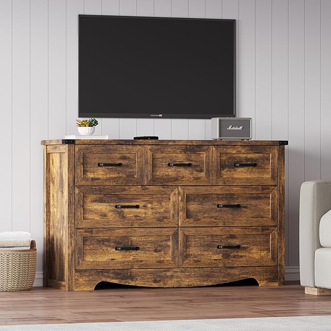 7-Drawer Dresser for Bedroom – 47" Wide Modern Wooden Chest with Natural Wood Texture, TV Stand & Storage, Metal Corner Brackets, Wood Drawer Organizer for Living Room, Hallway