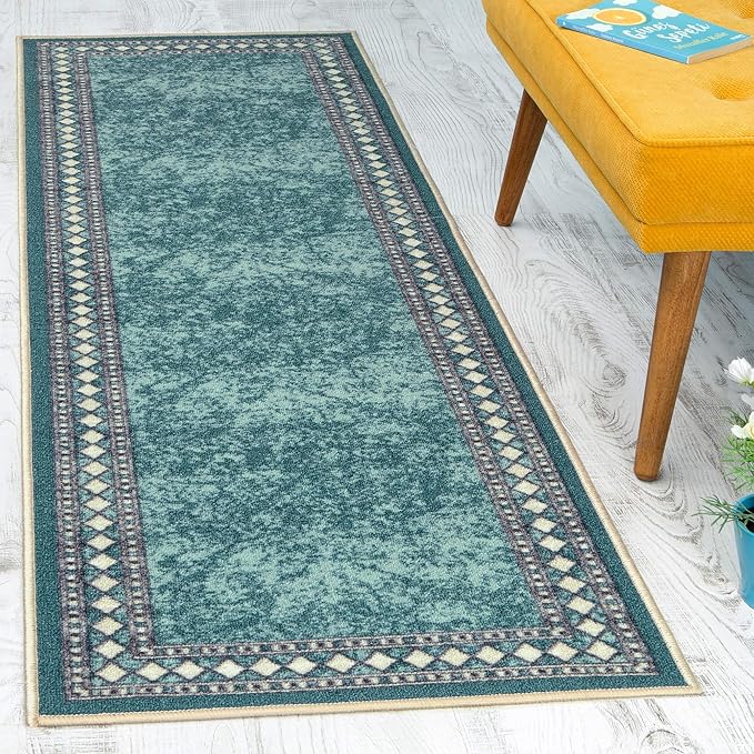 Antep Rugs Alfombras Modern Bordered 2x7 Non-Skid (Non-Slip) Low Profile Pile Rubber Backing Indoor Area Runner Rugs (Blue, 2' x 7')