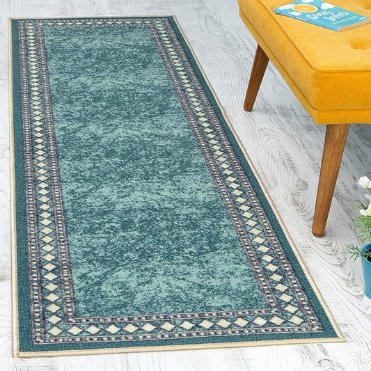 Antep Rugs Alfombras Modern Bordered 2x7 Non-Skid (Non-Slip) Low Profile Pile Rubber Backing Indoor Area Runner Rugs (Blue, 2' x 7')