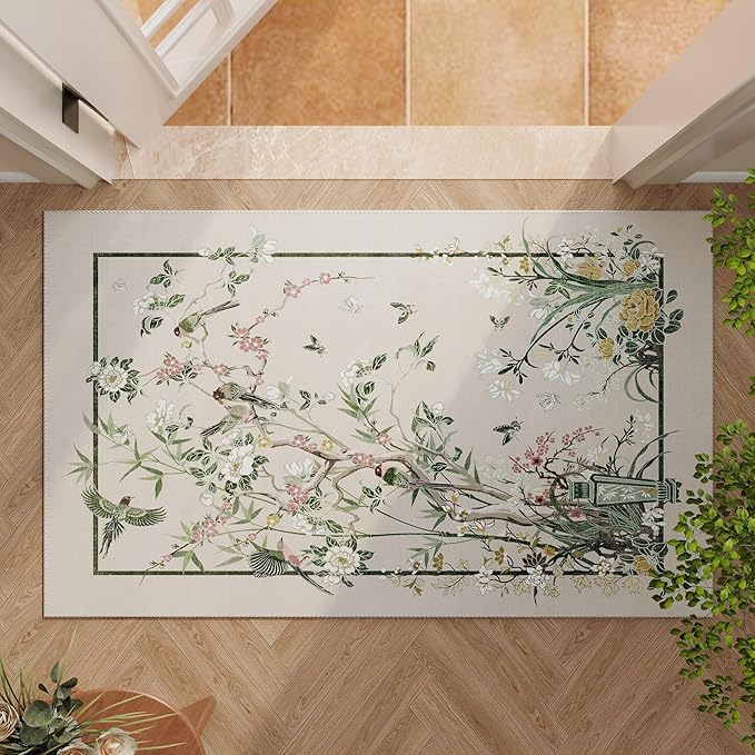 Door Mat Indoor Entrance 2x3 Rug Chinoiserie-Style Floral Vintage Machine Washable Small Area Rug Non-Slip Low Pile Throw Rugs for Entryway, Kitchen, Front Door, Entry, Kids Room, Beige