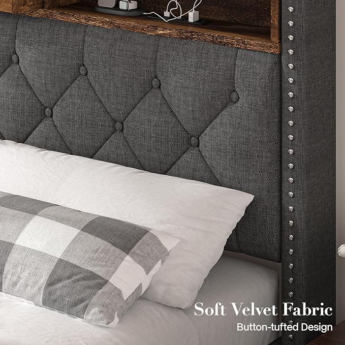 Full Size Bed Frame, Linen Storage Headboard with LED Light & Charging Station, Upholstered Platform Bed with 2 Storage Drawers, Steel Slats Support, No Box Spring Needed, Grey