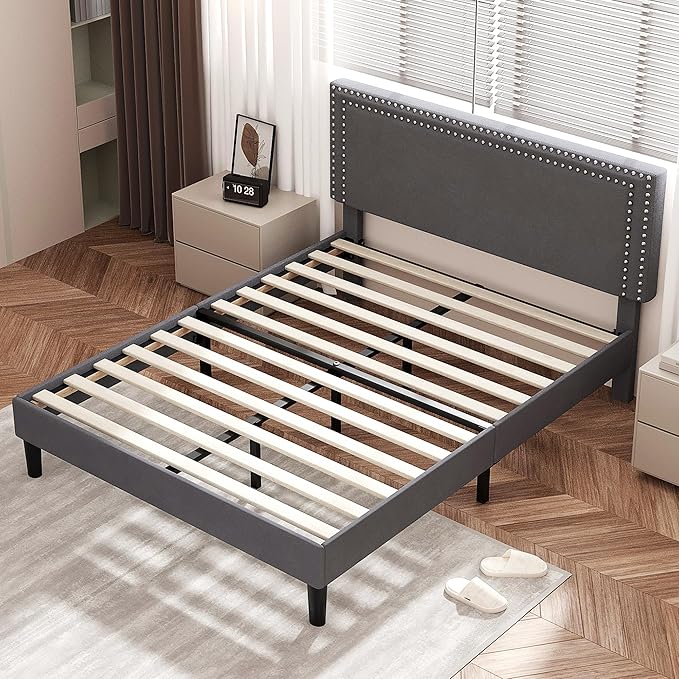VECELO Queen Size Bed Frame with Adjustable Upholstered Headboard, Wooden Slats Platform, Noise-Free Design, No Box Spring Needed, Easy Assembly