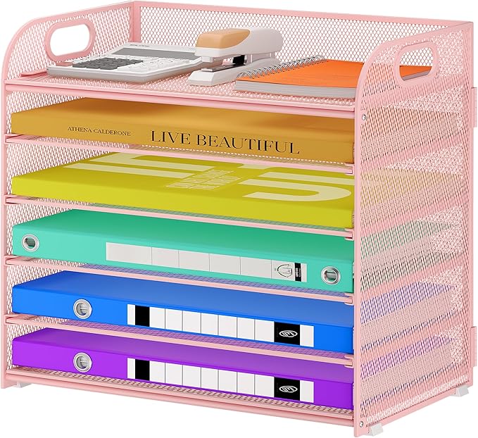 6 Tier Paper Organizer with Handle, Metal Desk Organizer Mesh Paper Letter Tray Desktop File Folder Document Sorter for Classroom, School, Office Accessories Organization and Storage - Pink