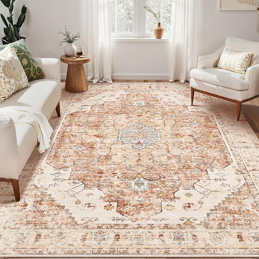 Tangsoo 4x6 Area Rug for Living Room, Washable Vintage Indoor, Distressed Brick Red Carpet for Bedroom, Non Slip Dining Room, Soft Low Pile Rugs Foldable for Dorm Bedside Bathroom