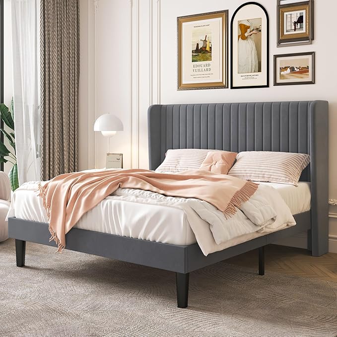 SHA CERLIN Queen Size Velvet Bed Frame with Vertical Channel Tufted Wingback Headboard, Upholstered Platform Bed with Wood Slats, No Box Spring Needed, Easy Assembly, Grey