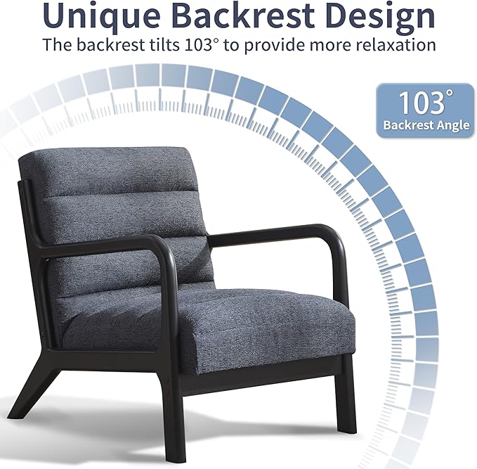 VKNOW Accent Chairs with Rubberwood Frame Accent Chairs Set of 2, Mid-Century Modern Upholstered Reading Armchair, High Back Lounge Armchair Living Room Chair for Bedroom Reading Room, Dark Blue