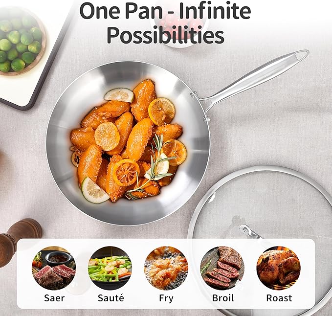 LOLYKITCH 10-12 Inch Tri-ply Stainless Steel Frying Pan Set with Lids,Skillets,Induction Cookware Set,Dishwasher and Oven Safe,Detachable Handle