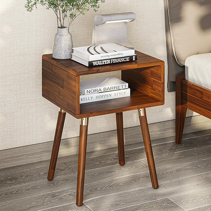 Bme Dinkee Solid Wood Nightstand, Fully Assembled, Without Drawer for Mid Century Bedroom and Living Room, Dark Chocolate