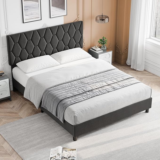 GAOMON Grey Queen Bed Frame with Upholstered Headboard, Heavy-Duty Platform Bed Frame with Strong Wood Slats, No Box Spring Needed/Easy Assembly/Noise Free