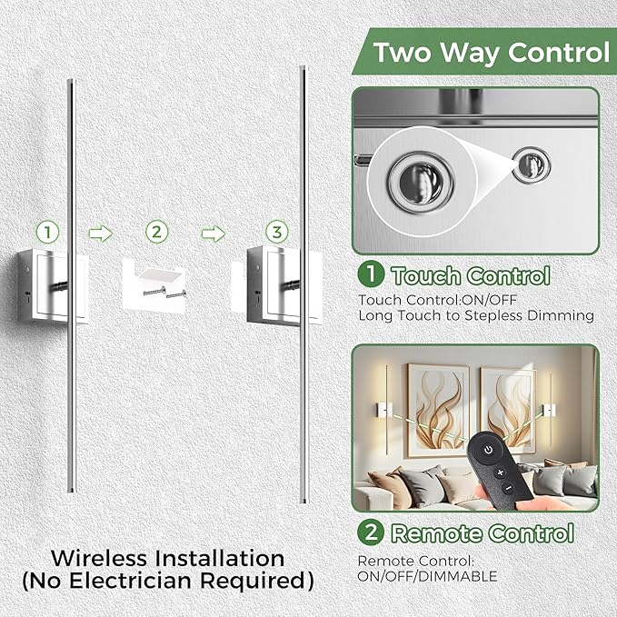 DORESshop Battery Operated Wall Sconces Set of Two with Remote Control, Rechargeable Wall Sconce, 350°Rotate Dimmable Wireless Wall Sconce for Living Room, Hallway, Bedroom, 28.1 Inch, Chrome(2 Pack)