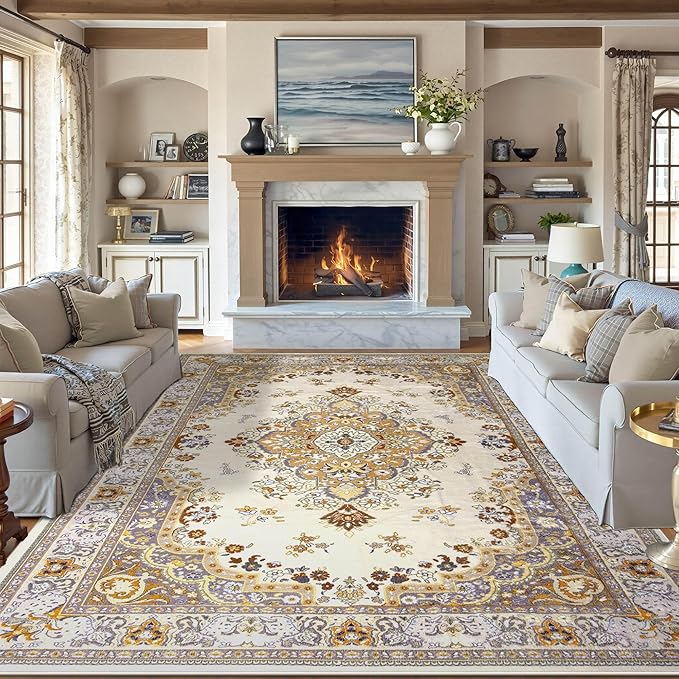 8x10 Area Rug for Living Room, Modern Washable Rug Non Slip Low Pile Large Area Rugs for Living Room, Bedroom, Farmhouse, Dining Room,Beige