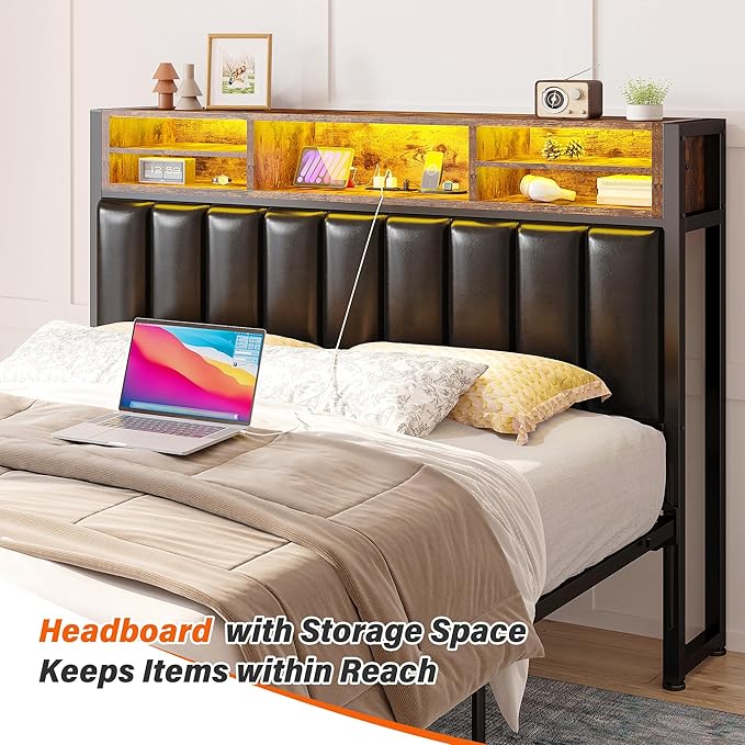 EnHomee Headboard Full Size Bed with Charging Port, Full Size Head Board with LED Light, with Storage Shelf, Headboard Only Upholstered for Bedroom