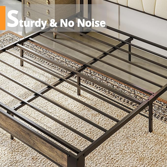 LIKIMIO Queen Bed Frame, Storage Headboard with Charging Station, Solid and Stable, Noise Free, No Box Spring Needed, Easy Assembly (Walnut and Beige)