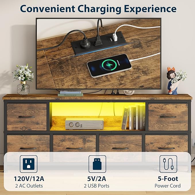 Lulive TV Stand for Living Room, LED Rustic Brown Dresser for Bedroom with 6 Fabric Drawers,43 55 60in TV Stand with Power Outlet, Entertainment Center with Open Shelf