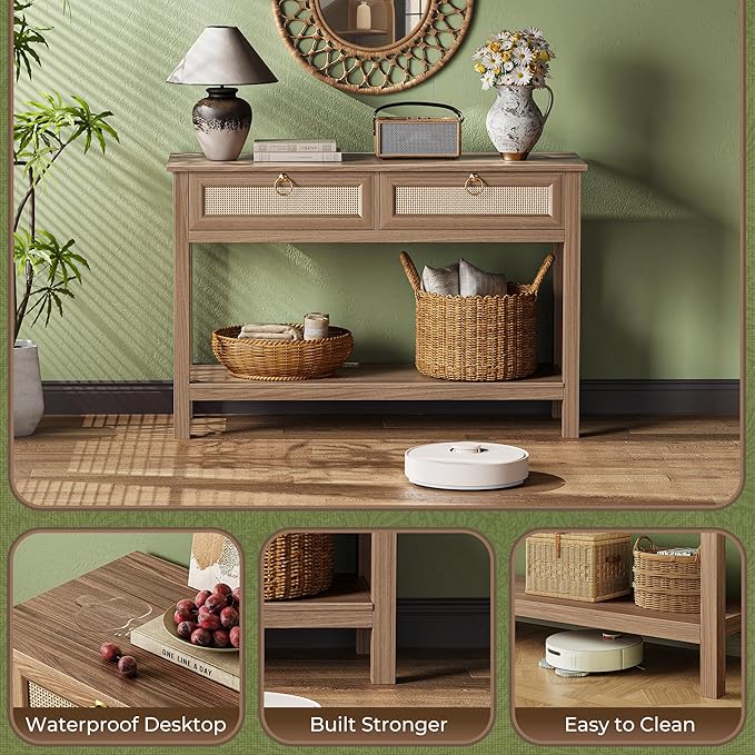 SUPERJARE Rattan Console Sofa Table with Outlets and USB-C Port, 2 Drawer Entryway Table with Synthetic Rattan Surface, 39 Inch, Open Shelf, Behind Couch Entry Foyer Hallway Storage, Brown