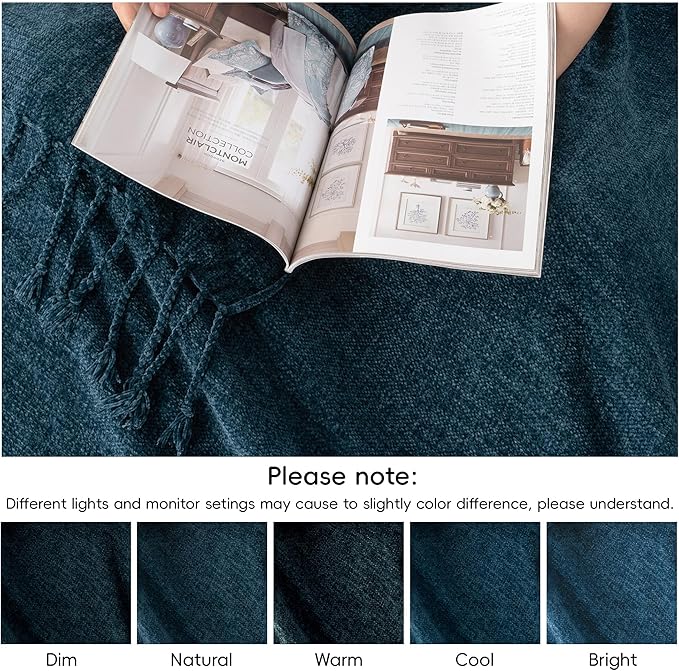 BATTILO HOME Navy Blue Throw Blanket for Couch, Bed, Sofa - Soft Cozy Chenille Throw with Fringe Tassels, Lightweight Knit Throw for Home Decor, 50"x60"