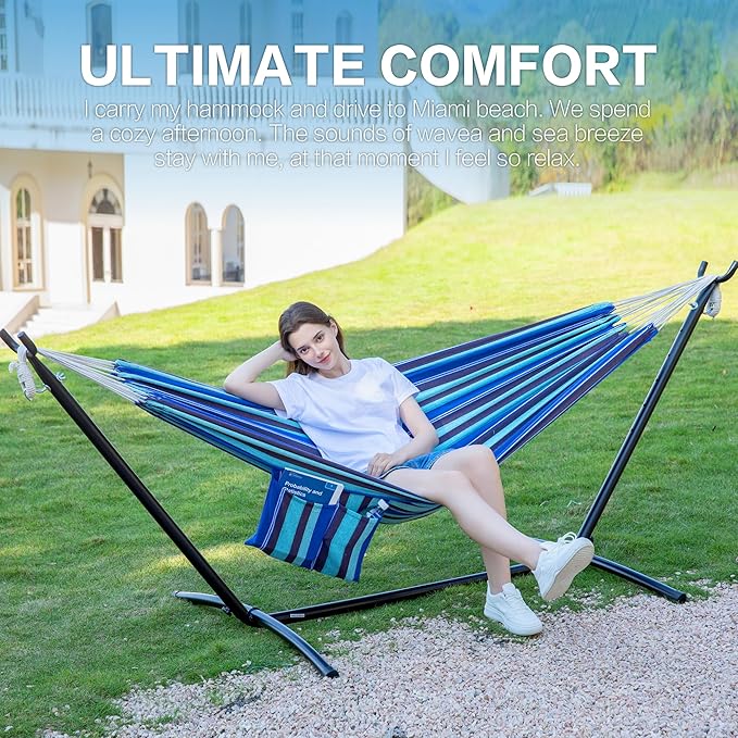 PNAEUT Double Hammocks with Stand for Outside, Portable Space Saving Heavy-Duty Steel Stand for Indoor Outdoor Patio with Carrying Bag, 450 lbs Capacity (Blue Lagoon)