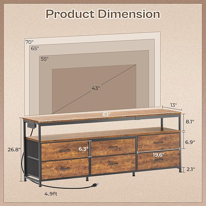 Huuger 63 Inch TV Stand for 55, 65, 70 Inch TV, Long Dresser TV Stand for Bedroom, LED TV Stand with Power Outlets, Rustic Fabric Drawer Dresser with Storage, Entertainment Center for Living Room