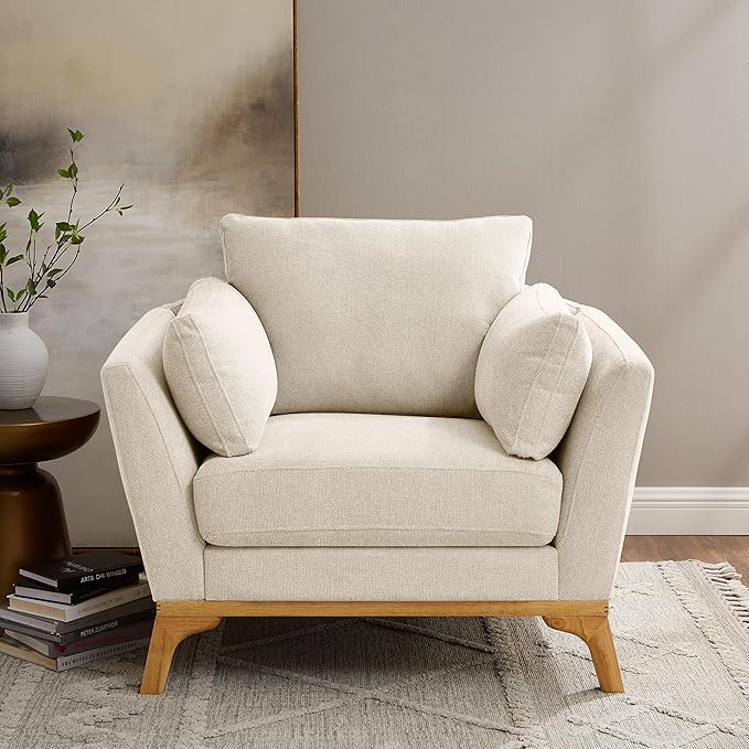 Large-Sized Accent Chair, Thick Cushion Bedroom Reading Chair, Comfortable Living Room Single Sofa， Linen Gray