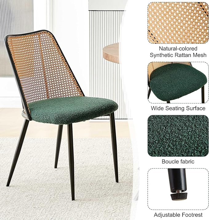 Green Dining Chairs Set of 4, Upholstered Home Kitchen Chairs Woven Rattan Back Boho Dining Room Chairs Comfortable with Metal Legs for Living Room Dining Hall
