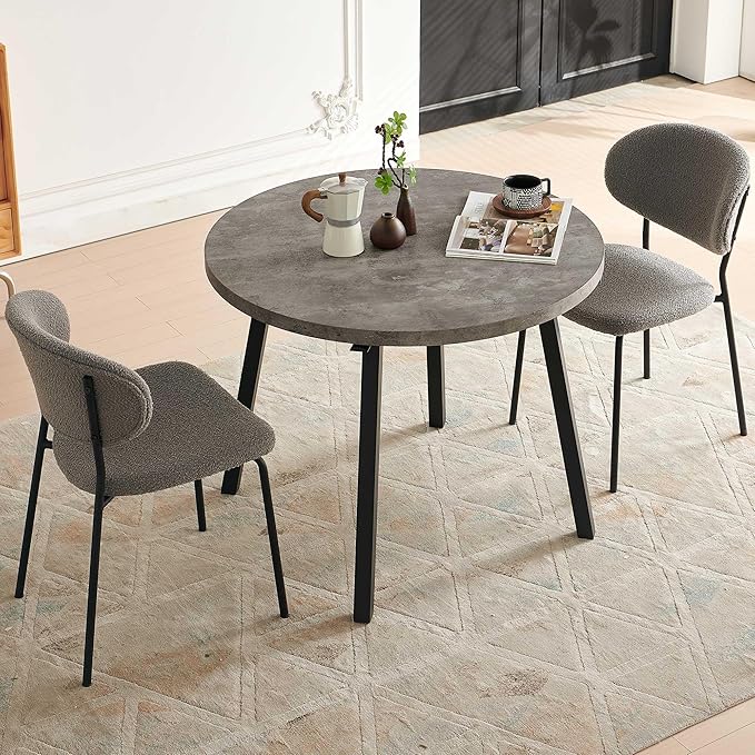 3-Pieces Kitchen Dining Table Set for 2, Grey Round Table MDF with 4 Metal Hooks for Hanging, Modern Dining Table Set with 2 Seated Grey Boucle Dining Chairs for Living Room, Apartment