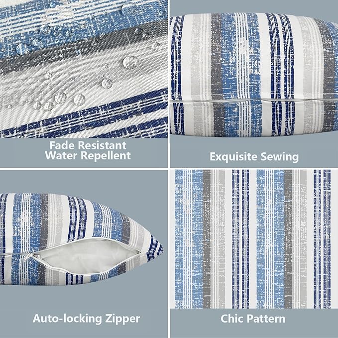 LVTXIII Outdoor Throw Pillow Covers 16 x 16 Inch, Covers ONLY Modern Cute Pattern Decorative Square Toss Pillow Case Pack of 2 for Home Patio Garden Sofa Bed Furniture, Stripe Layered Blue