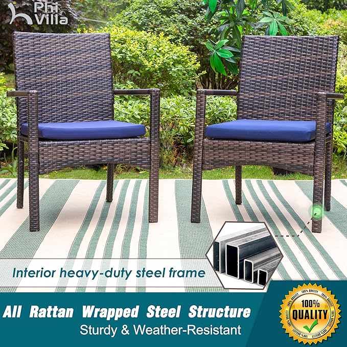 PHI VILLA 7 Piece Outdoor Dining Set for 6, 59” Rectangular Metal Steel Dining Table with Umbrella Hole & Cushioned Rattan Wicker Chairs for Patio, Deck, Yard, Porch